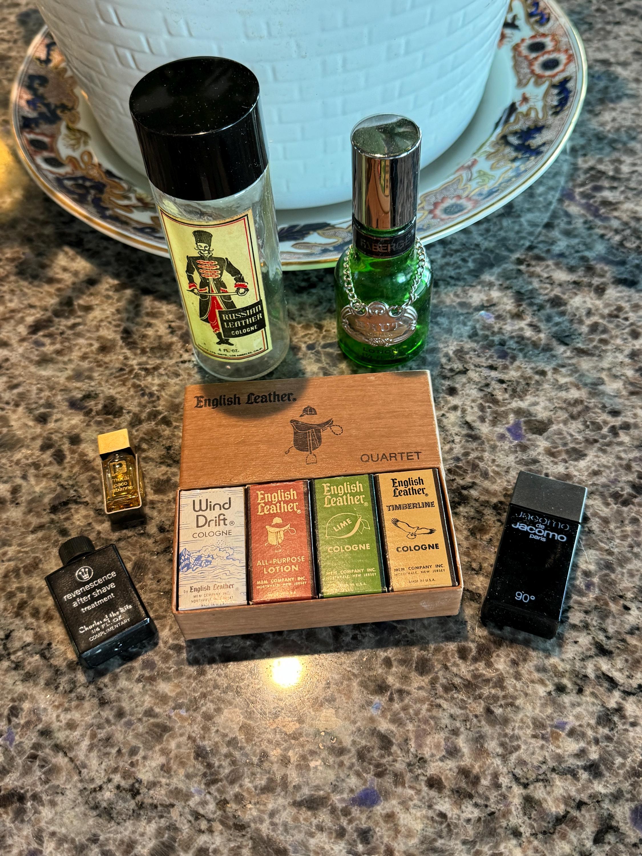 1970/80's English Leather Quartet Colognes in Box, Russian Leather