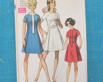 1969 Simplicity Sewing Pattern 8088 Misses Princess Seamed Mini Dress, Size 16; cut - short sleeve mini dress