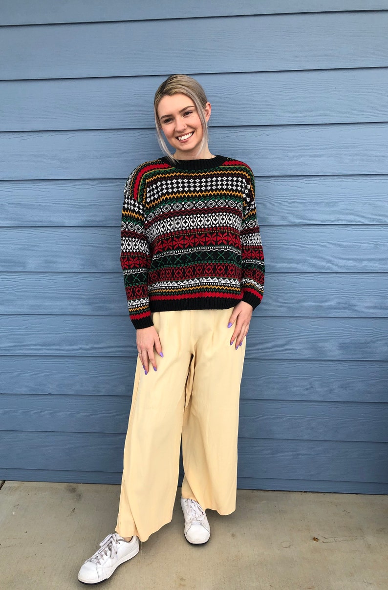 1980s bright sweater Knit Knit sweater 1980/'s Knit Knit Funky Bright Multi-Colored Womens Pullover Cotton Ramie Sweater Size size M