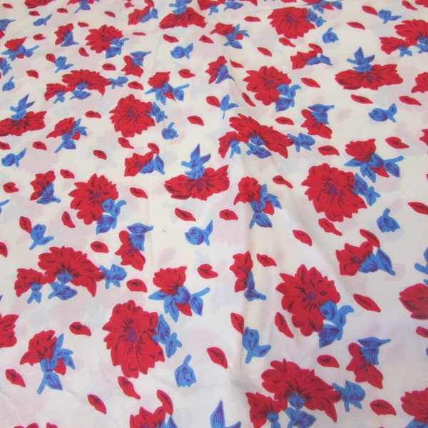 Vintage Bright Red and Blue Lightweight Floral Cotton Fabric, 46"W X By The Yard - white background floral cotton, blouse fabric