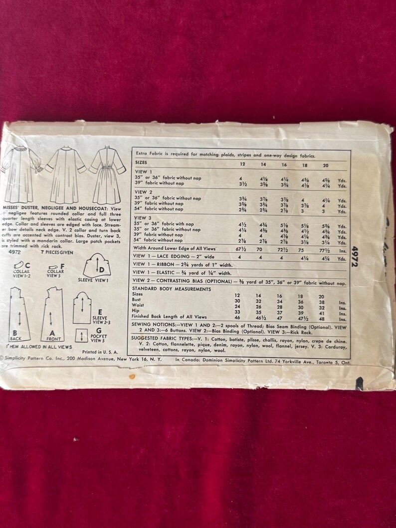 1950's Simplicity Sewing Pattern 4972 Duster Negligee Housecoat (size ...