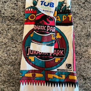 RARE 1989/90’s New Old Stock Jurassic park velociraptors bath towel & Washcloth by BIBB WITH original Hang Tag- jurassic Park towel,