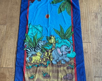 Vintage Children's African Animals on the March Terry Velour Beach Towel 26" x 56" with Blue border~ Childrens beach towel, African animals