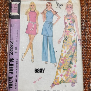 May include: Vintage McCall's 2892 sewing pattern for misses' coordinated separates. The pattern features illustrations of halter-neck dresses and a top with wide-leg pants. The cover has the text "easy" and "for knits only".