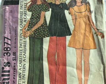 1973 McCalls Schnittmuster 3877 Misses Kleid oder Tunika, Oberteil und Hose; Größe 14 – Kleid oder Tunika aus den 1970er Jahren, Oberteil und Hose