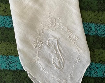 Vintage F Monogrammed Embroidered Monogrammed Handkerchief Hanky, 12" ~ "F" hanky