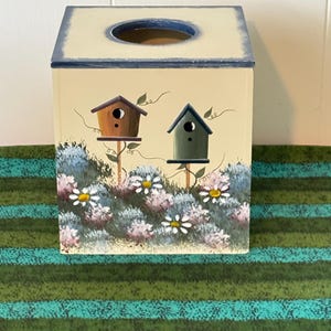 Vintage Birdhouse & Flowers Square Wood Painted Tissue Box by Kenyield- Woodland tissue box, bird lover gift
