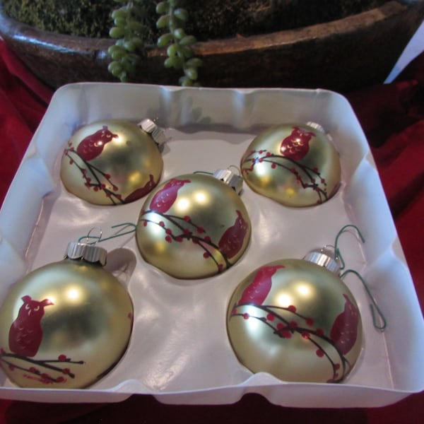 5 Vintage MARTHA STEWART Glass Decorated Christmas Ornaments in Original Box, 3" each; gold round ornaments with red owls