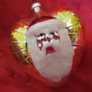 Vintage Gold Front Silver Back Glass Heart Christmas Ornament with Santa Face - 3&quot;D; heart shaped glass ornament with Santa face