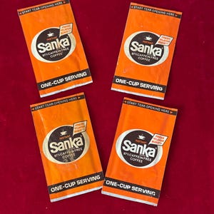 Vintage 1970&#39;s Lot of 4 Instant Sanka Coffee 1-Cup Packets Sealed~ Mid Century kitchen, vintage coffee packet, kitchen decor, retro coffee
