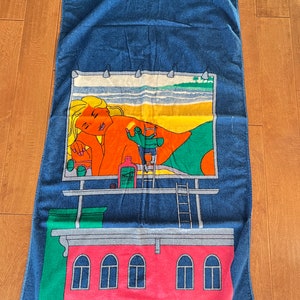 Vintage novelty Beach Towel Man Painting Billboard Sign of Female Bather by A La Carte- beach towel, billboard artist