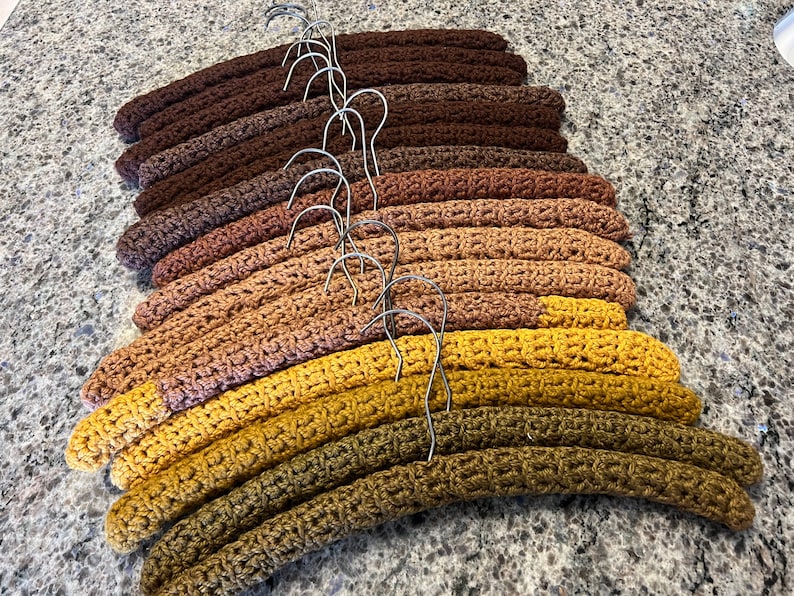Vintage Lot of 16 BROWN TO MUSTARD Crochet Clothes Clothing Hangers - vintage clothing hanger, crochet clothes hanger,  crochet hanger