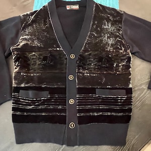 Vintage 80&#39;S Mens Black Velour Stripe Cardigan Sweater by Good Luck  Size M-L- black cardigan sweater, mens velour cardigan sweater