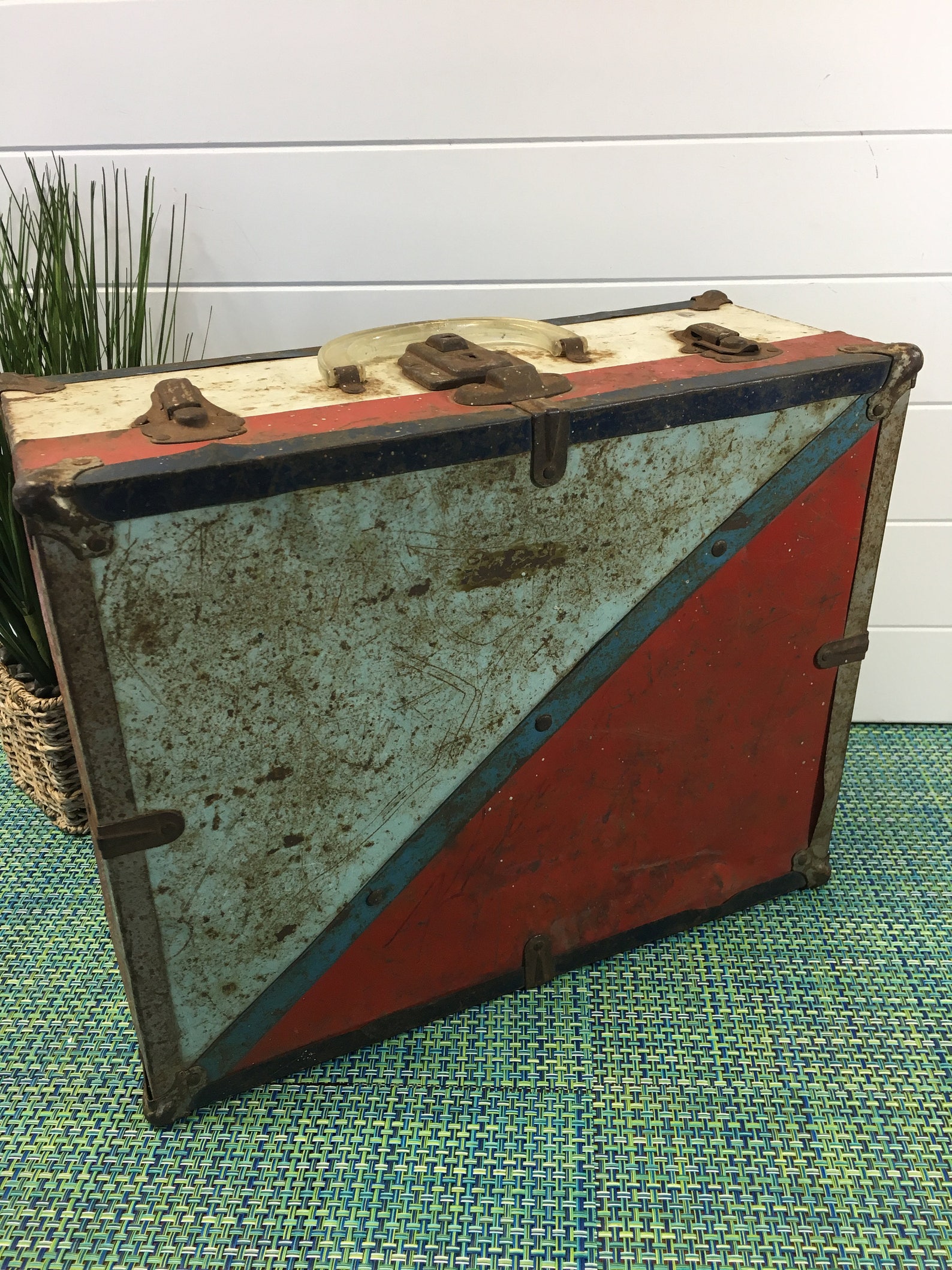 Vintage Metal Roller Skate Box Red White and Blue Paint Etsy