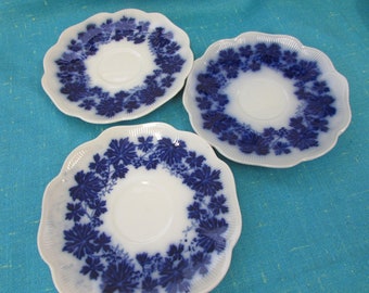 RARE Antique Flow Blue Set of 3 Saucers GEFLE Vinranka, Made in Sweden ~ antique flow blue saucers, scalloped edge saucers, Gefle saucer