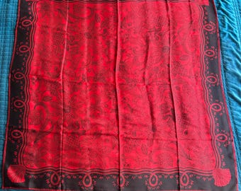 Vintage Baar & Beards Red and Black Floral Silk Square Scarf "Top Hit" 32” Made in Japan~ Baar and Beards silk scarf