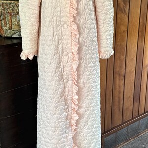 Vintage Ariel Pink Quilted Satin Long  Robe with Ruffle Collar Button Front Size Small- quilted robe, Ariel robe, Mother’s Day gift