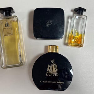 Vintage Lot of 4 Lanvin Arpege Eau De Lanvin 6”T Perfume Bottle 1/8 full, RARE Lanvin Lait Adoucissant Milk Body Lotion Black Bottle & #5