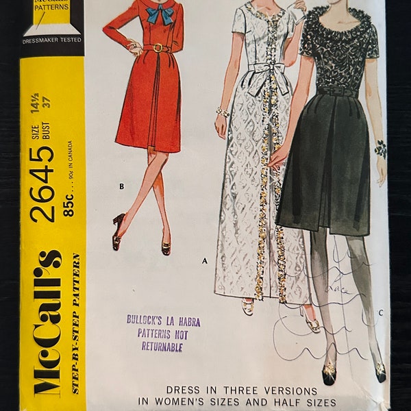 1970 McCall's 2645 Dress in Three Versions Size 14 1/2 Uncut ~ Evening Wear, Dinner Gown, Homecoming, Prom Dress, Formal Wear