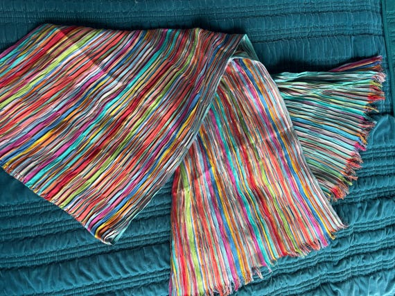 Rainbow Striped Crinkle Raw Silk Rectangular Scar… - image 1