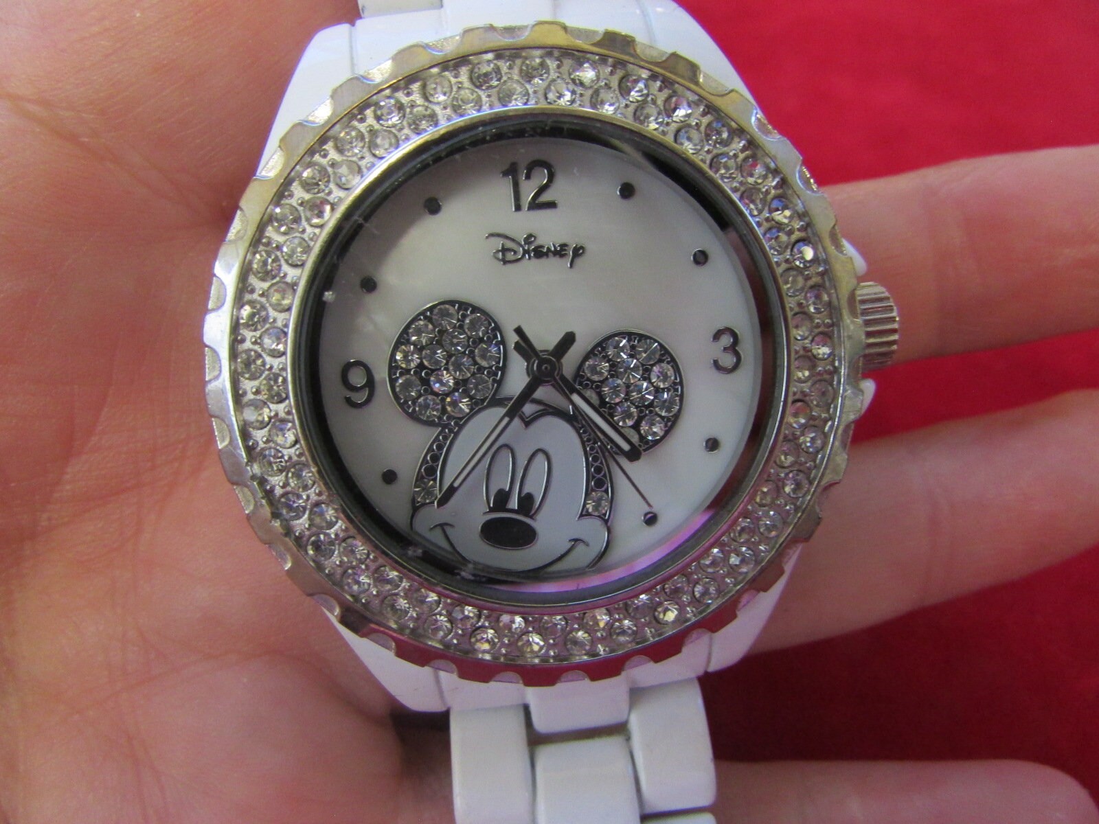 Vintage DISNEY Mickey Mouse White W Silver and Rhinestones 