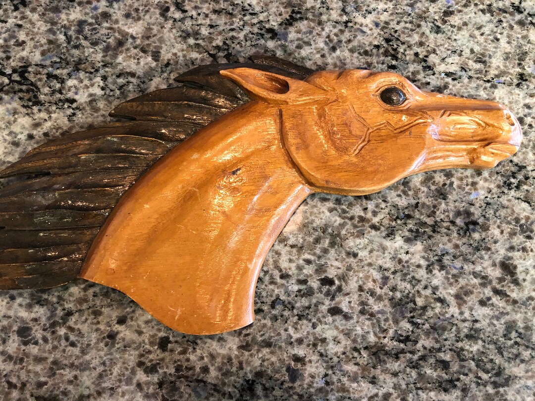 Vintage Hand Carved Horse Head Wall Art Hanging With Two Tone Wood 18