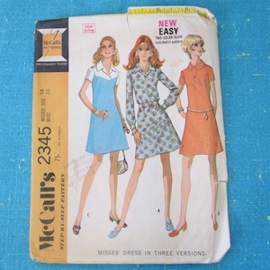 1970 McCalls Sewing Pattern 2345 Misses Easy Mini Shift Dress in 3 Versions, Size 14, cut; 1970s dress, mini dress, easy sew dress