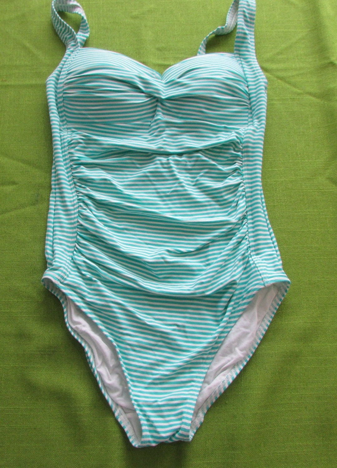 Green and white striped swimsuit sale