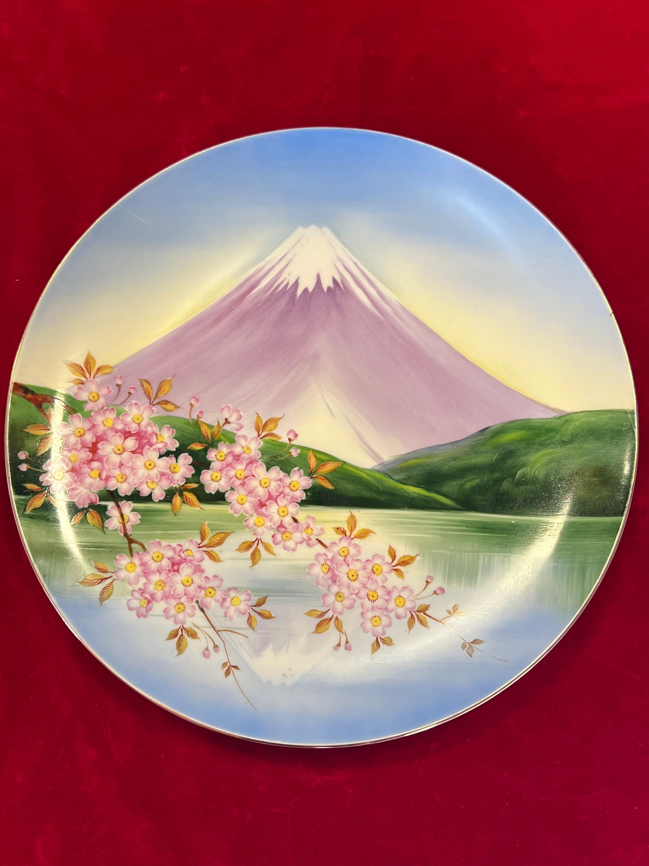 Vintage Japanese Hand Painted Mt. Fuji and Cherry Blossom Branches