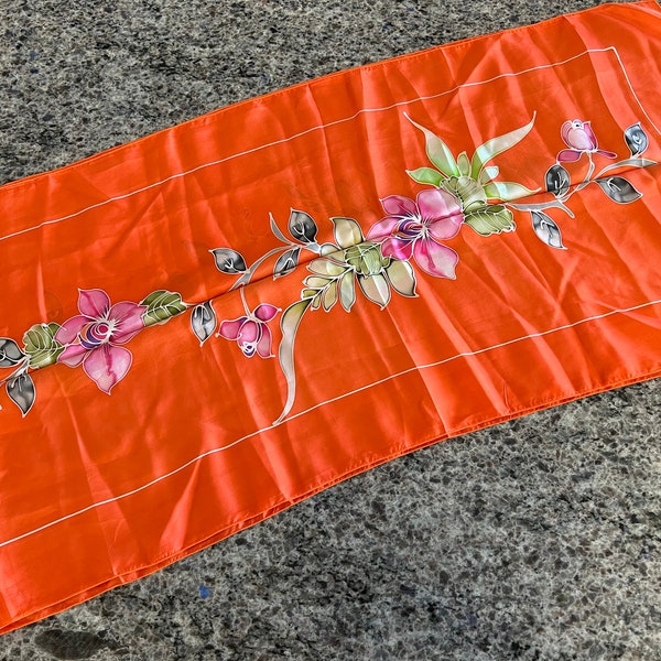 Hand Painted Orange Oblong Silk Floral Malaysian Scarf 17” x 70”- Orange floral silk scarf, Malaysia scarf