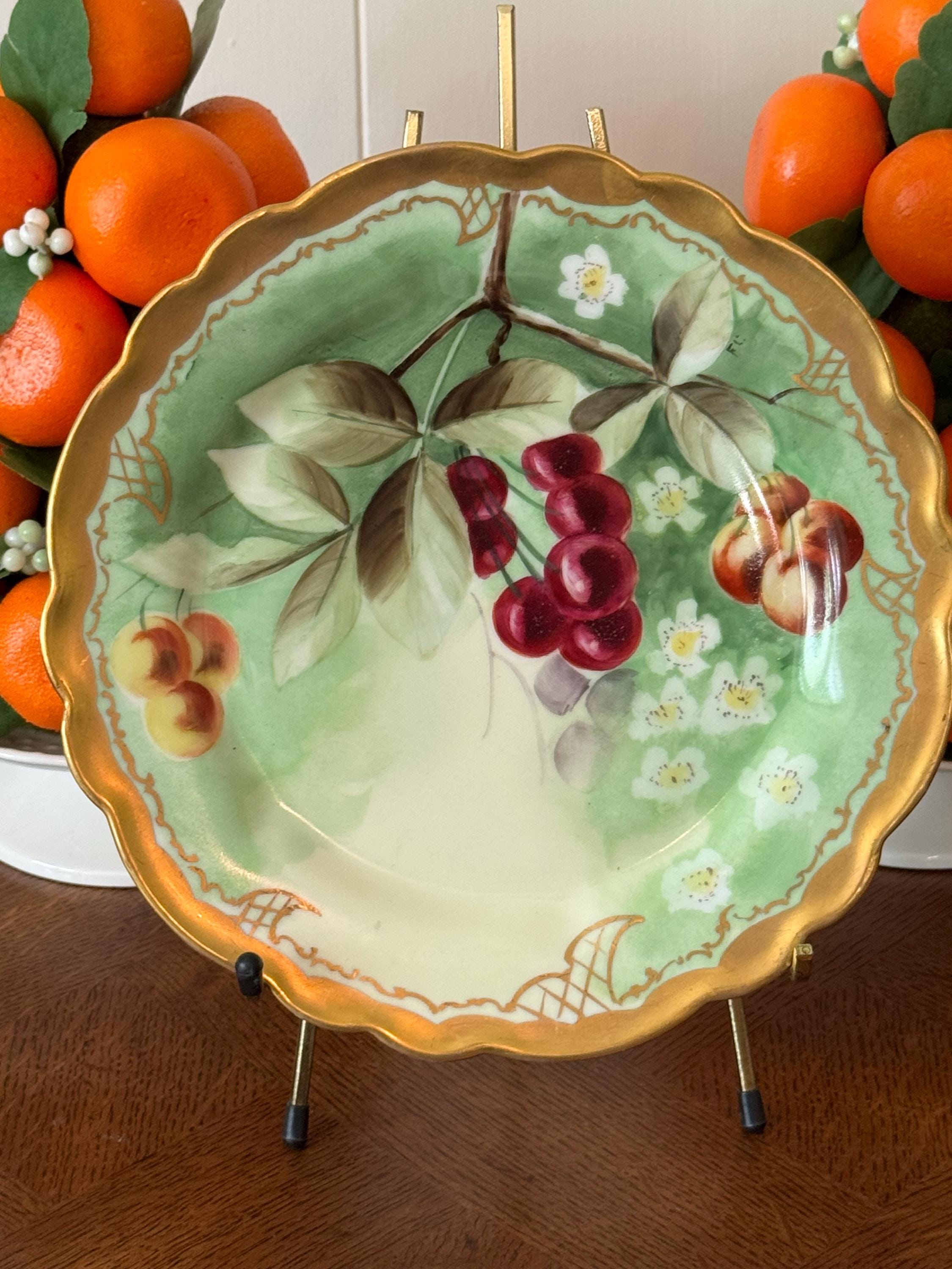 W A Pickard Cherries Plate Hand Painted With Gold Band Scalloped
