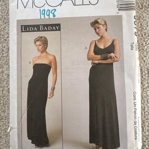 1998 Einfachheit Schnittmuster 9379 Linda Baday Misses Stricken nur Trägerlos oder Spaghetti-Träger Langes anschmiegsames Kleid Größe 44-44 Ungeschnittenes sexy Kleid