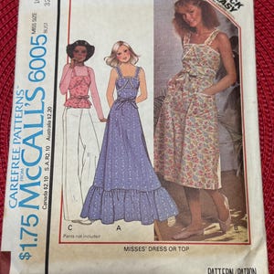 1978 McCalls Sewing Pattern 6005 Misses Bra Top Apron Style short or Long Dress Square Neck Sleeveless Size 10 Cut- 1970’s maxi dress