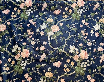 Vintage Cyrus Clark "WINDSOR" Navy Blue w/Pink Dogwood Flowers Cotton Chintz Fabric- 56” x BTY~ upholstery fabric, cotton chintz fabric