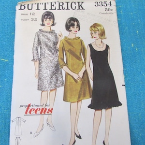 1960&#39;s Butterick Sewing Pattern 3354 Misses Semi-Fitted A-Line Dress 3 Versions Size 12 cut~ 1970s evening dress, sheath dress