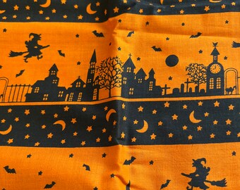 Vintage Witches, Moon & Stars Bright Orange and Black Abstract Striped Halloween Cotton Fabric, 44” W x 36"~ Halloween fabric