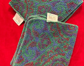 Vintage Fieldcrest Blue, Green & Burgundy Paisley Set of Two Washcloths Face Cloths- paisley towels, Fieldcrest washcloths