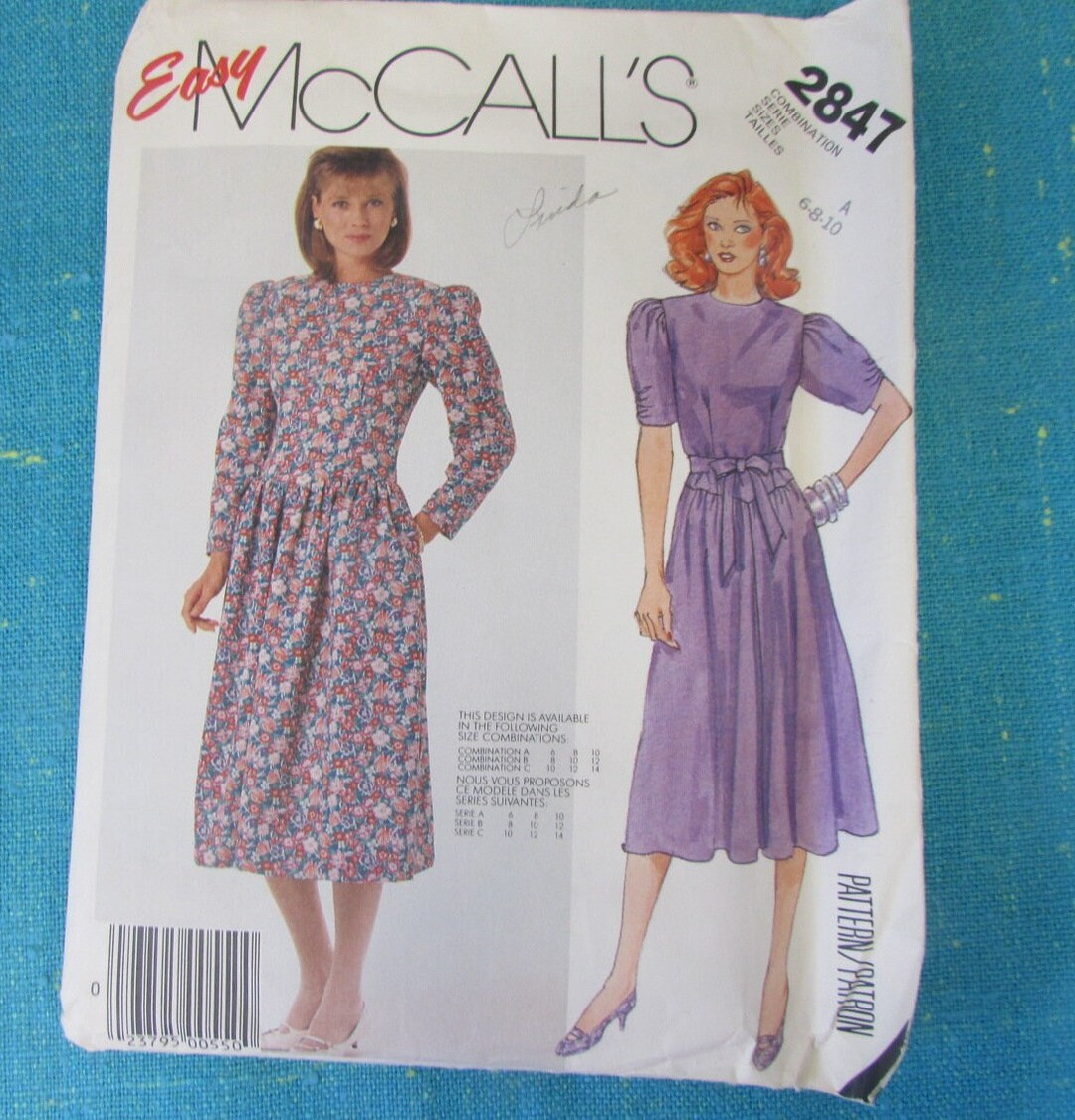 1986 Mccalls Sewing Pattern 2847 Misses Fashion Basics Dress 2 Sleeve ...