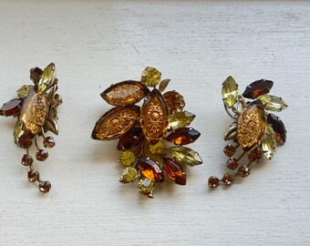 1960's Judy Lee Citrine Green and Rootbeer Brown Rhinestone Brooch & Earrings set  - Judy Lee jewelry