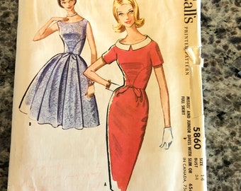 1961 McCalls  Sewing Pattern 5860 Misses Scoop Neck Fitted Dress with Waist Detail and Bow Size 14 cut- fit n flare dress