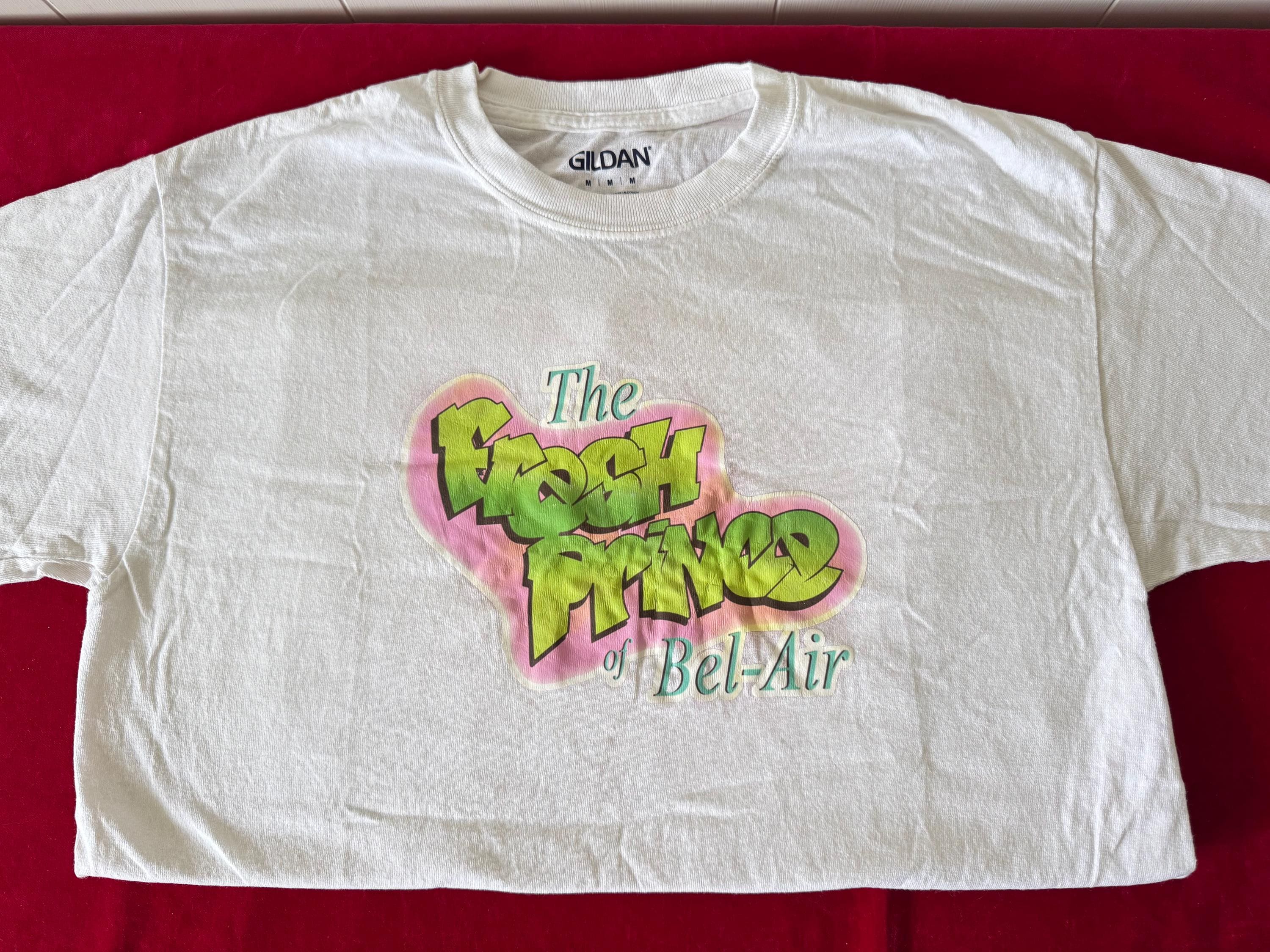 Vintage The Fresh Prince of Bel-Air Neon Print 100% White Cotton Graphic T Shirt Size M~ collectible shirt, Fresh Prince t shirt