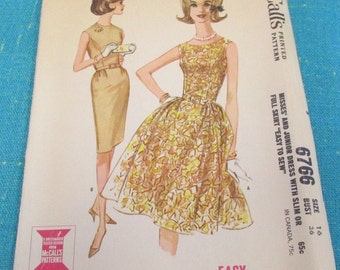 1960s McCalls Sewing Pattern 6766 Misses Sleeveless Wiggle Dress w/Flared or Slim Skirt and Fitted Bodice, SZ 16, cut - summer 1960s dress