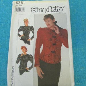1987 Simplicity Sewing Pattern 8361 Misses Puff Sleeve Fitted Lined Jacket with Shaped Hem Size 10 cut~ 1980s jacket pattern