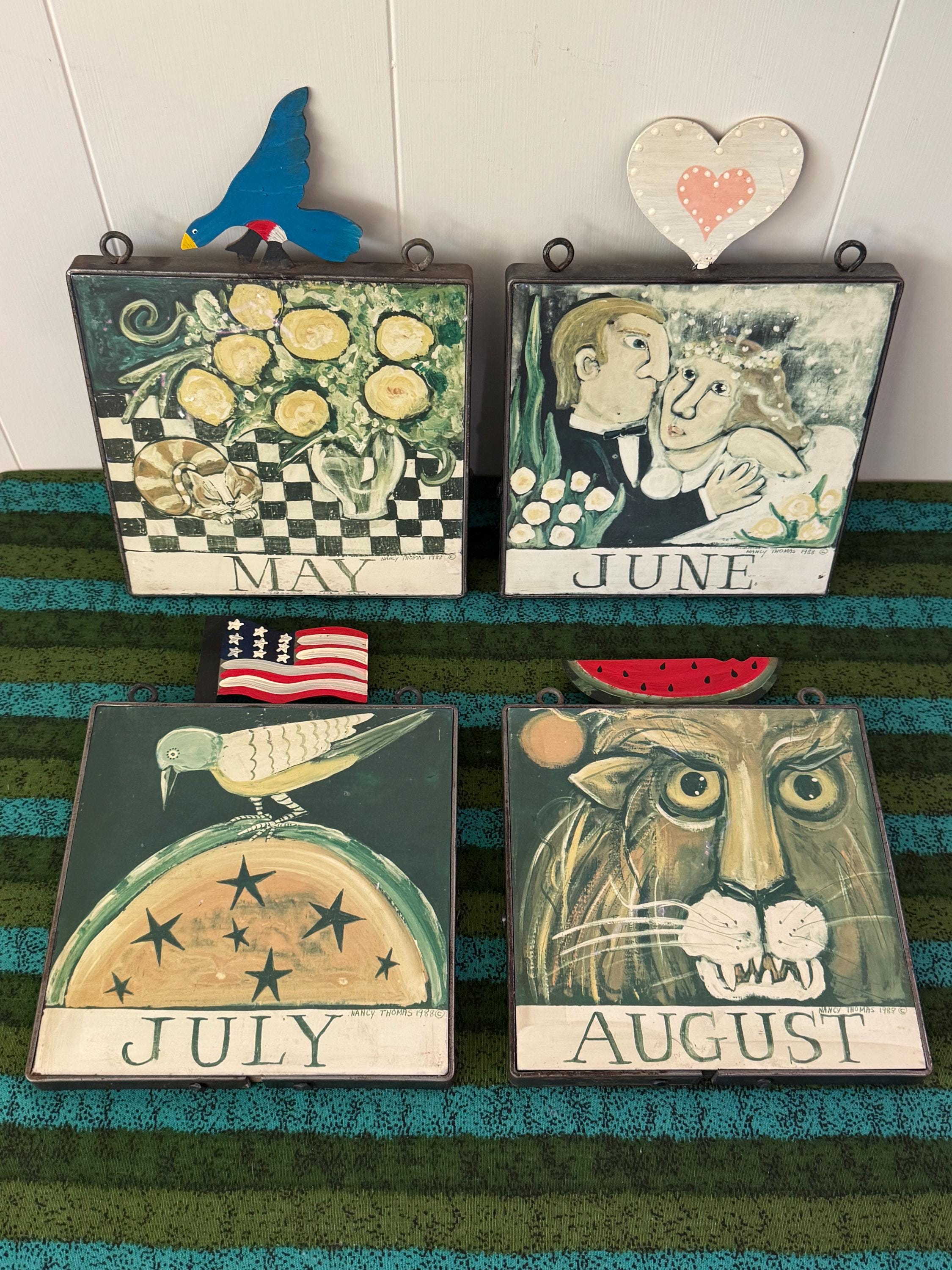 1980-90's Nancy Thomas Calendar Wood Plaques With Wrought Iron