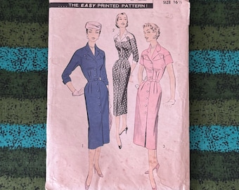 RARE 1950’s Advance Sewing Pattern 8072 Misses Slim Fitting Button Front Tailored Dress Size 16 1/2 Cut- 1950s Taylor dress, 1950’s  dress
