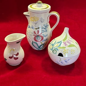 MCM 1950’s Stig Lindberg Swedish Hand Painted Floral Coffee Set~ Creamer, Sugar Bowl w/Lid and Pitcher or Coffee Pot W/Lid- Swedish