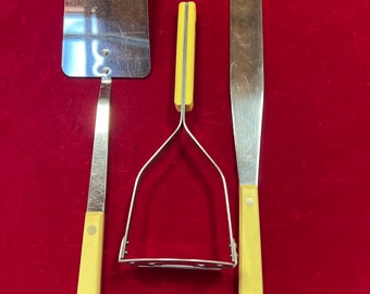 RARE Vintage Yellow Handled Kitchen Utensils, Flint Cake Spreader, Flint Yellow Handled Spatula, Ace Yellow Potato Masher - yellow kitchen