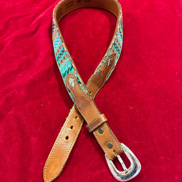 Vintage Silver Creek Collection Woven Guatamelan Aztec Belt Turquoise, Rust and Orange Belt by Leggin Size M No 85227 - western belt