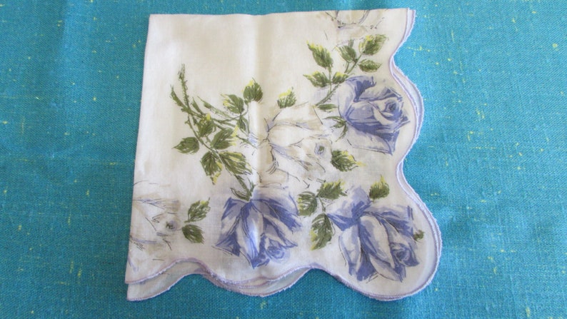 blue rose floral hanky lavendar floral handkerchief Vintage White with Lavendar Floral Handkererchief with Scalloped Edge 15 Square