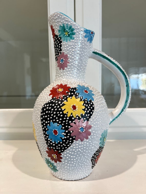1960's Ars Artigiana Deruta Italy Raised Polka Dot Ceramic Ewer